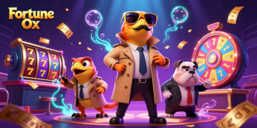 Experience the thrill of Fortune Ox slot game with cartoon raptors in a trench coat and a bulldog bouncer.