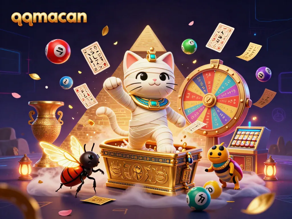 Engage in thrilling gameplay with qqmacan's vibrant pyramid casino scene featuring dynamic characters and elements.