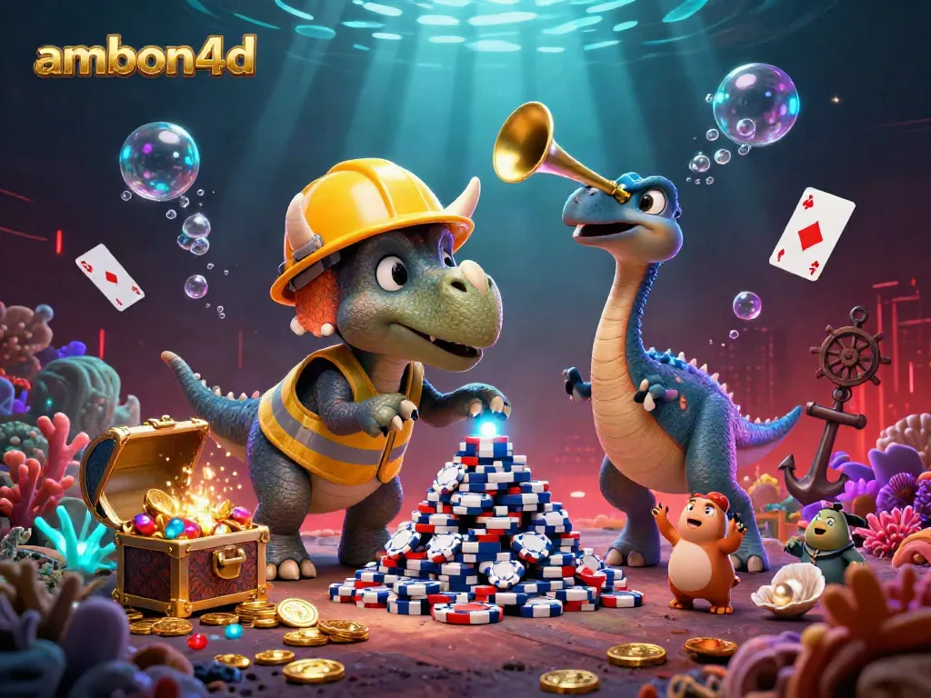 Experience the thrill of ambon4d with a vibrant underwater scene featuring animated characters building poker chip pyramids.