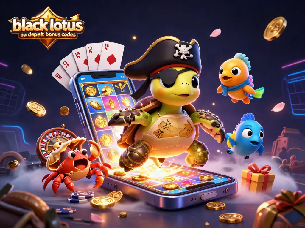 Claim black lotus no deposit bonus codes with a dynamic scene of fun characters and gambling elements.