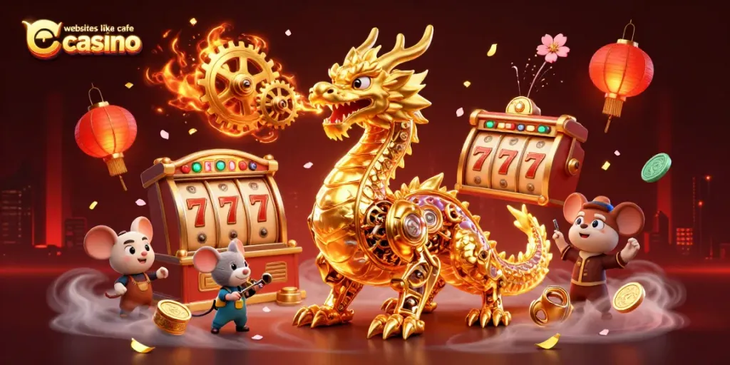 Experience gameplay at websites like cafe casino with animated dragons and slot machines.