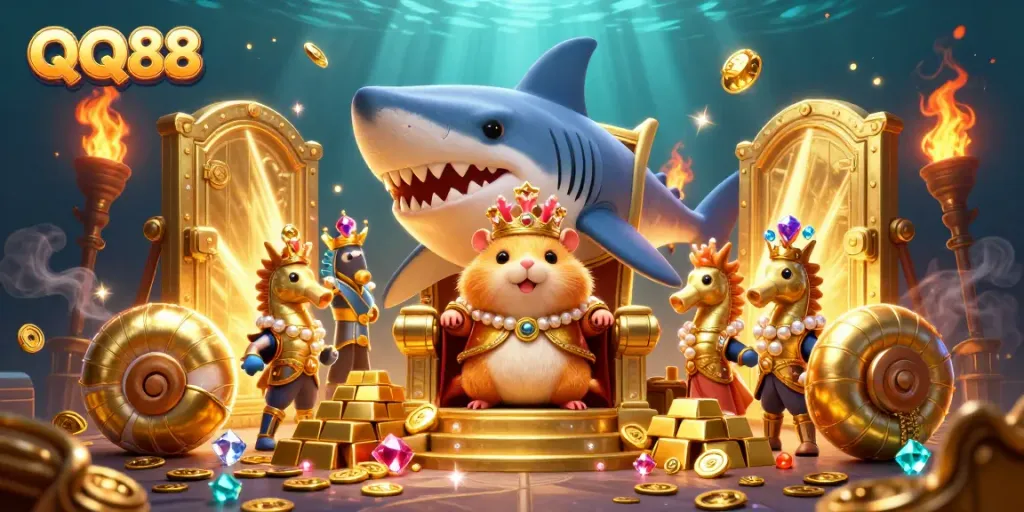 Experience big wins at QQ88 with a vibrant underwater scene featuring a golden hamster king and treasures.