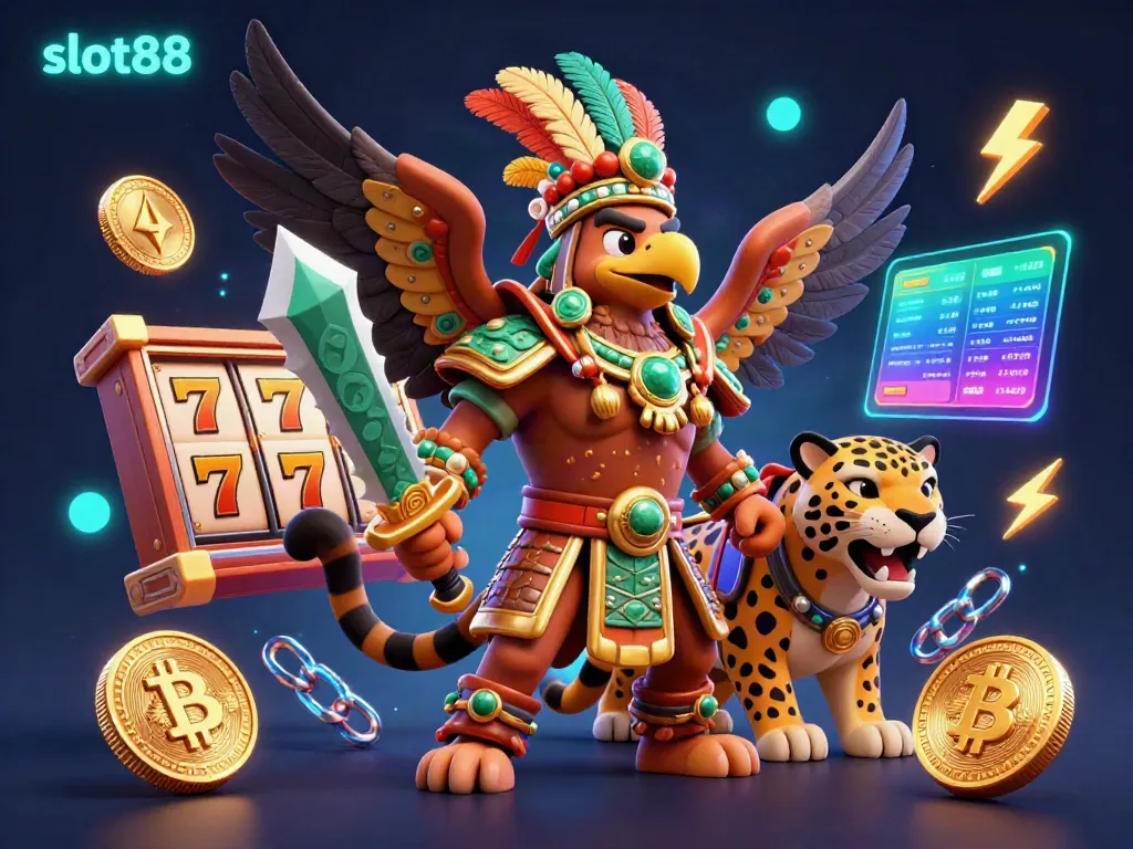 Experience thrilling slot88 gameplay with vibrant Aztec-themed characters and glowing slot elements.