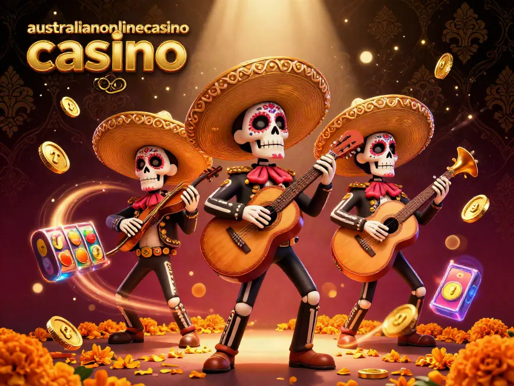 Experience the excitement of the australianonlinecasino casino scene with mariachi band playing amongst lively gaming elements and rich visuals.