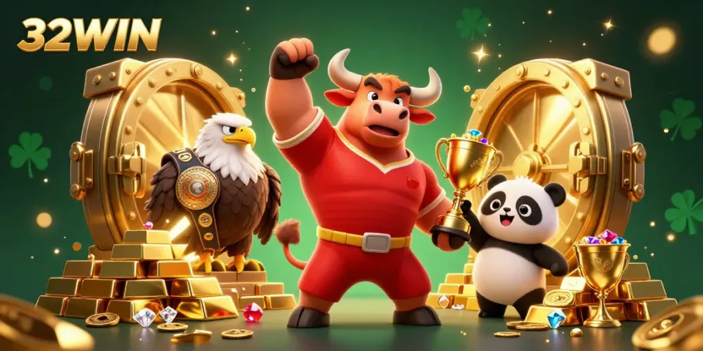 Experience the excitement of 32WIN with vibrant casino characters and dynamic treasure elements.