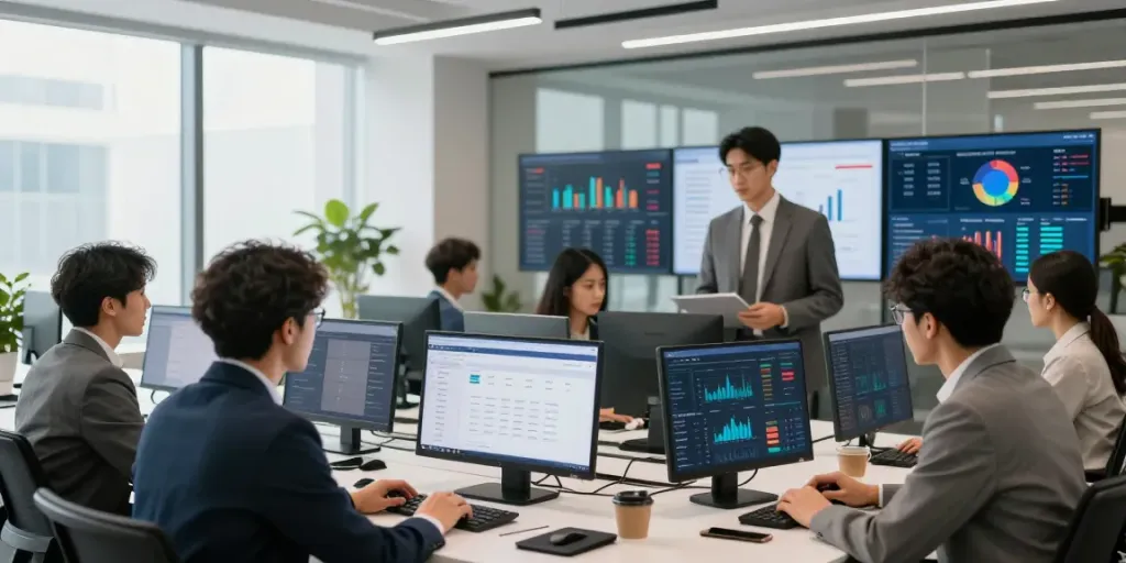 AJO88 dalam analisis investasi properti komersial dengan tim profesional di ruang kantor modern.