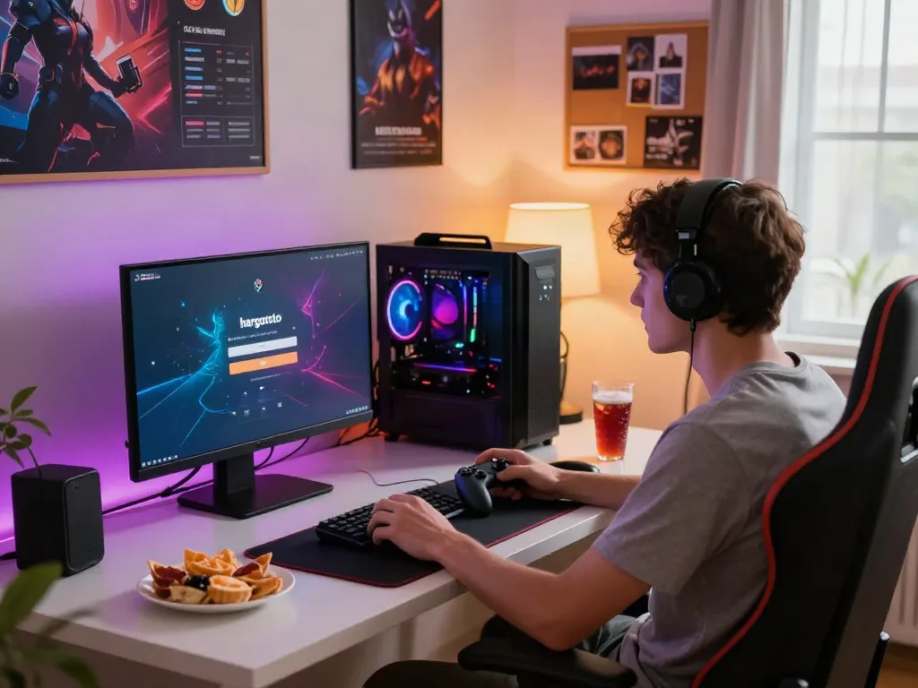 hargatoto login displayed on gaming monitor in a vibrant home gaming setup