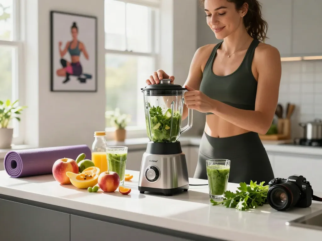 Preparing a nutrient-rich smoothie with c-nad supplement in a bright kitchen.