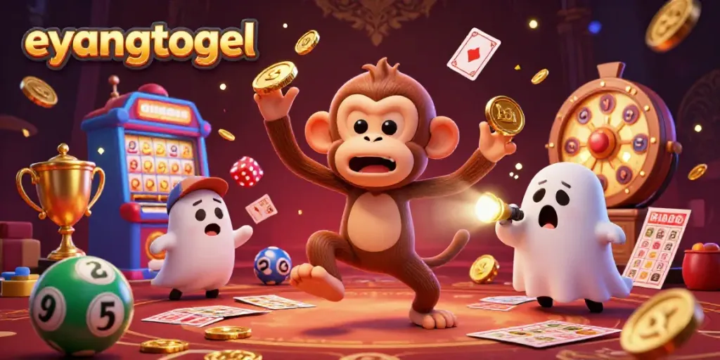 Engage with the lively eyangtogel lottery scene featuring a mischievous monkey juggling golden objects and a curious puppy tracking it!