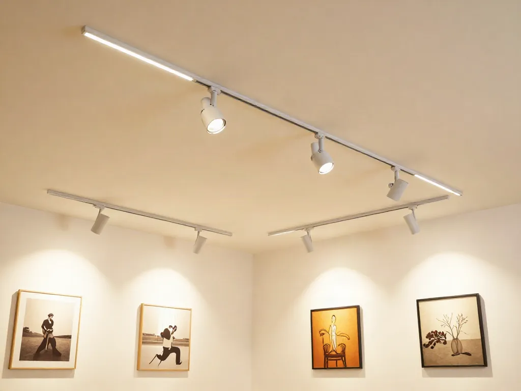 Spoturi si proiectoare LED pe sina magnetica incastrata intr-un interior modern, oferind solutii de iluminat profesioniste si de incredere.