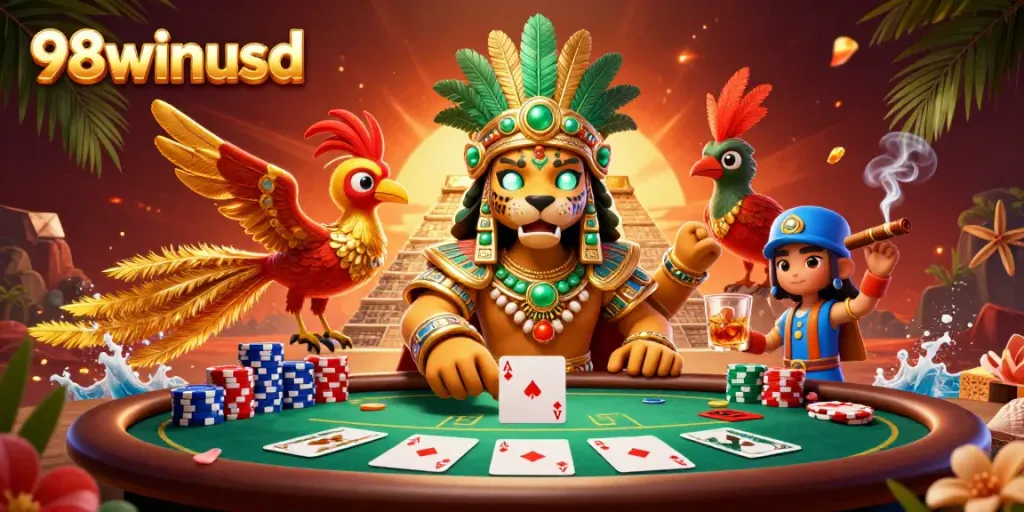 Experience the vibrant world of 98winusd: a dynamic Mayan jaguar priest amidst thrilling poker action.