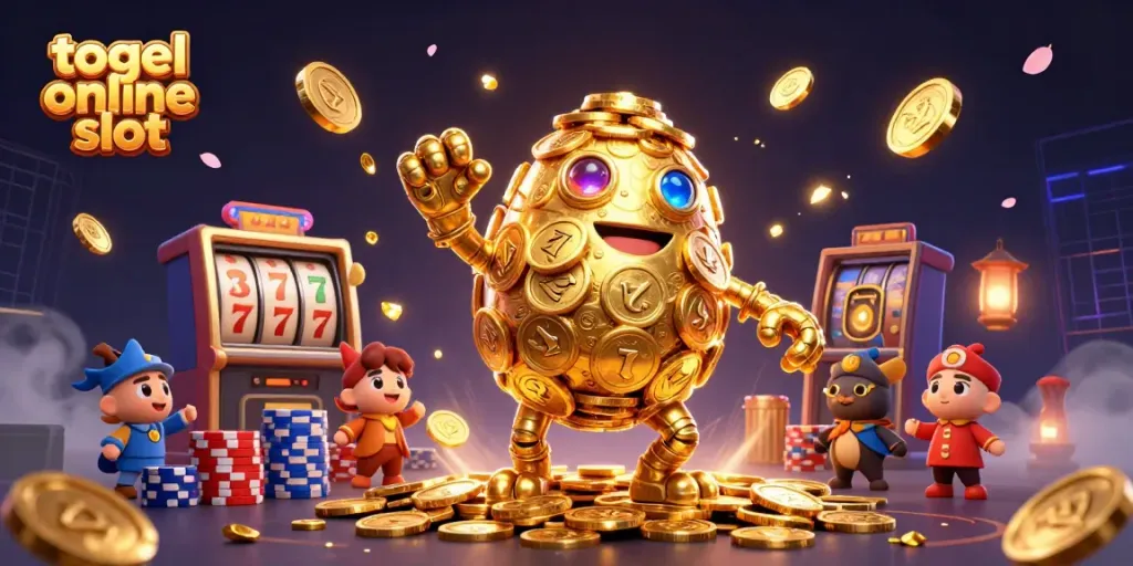 Kemenangan besar dalam togel online slot dengan simbol berkilau dan koin emas yang mengalir.