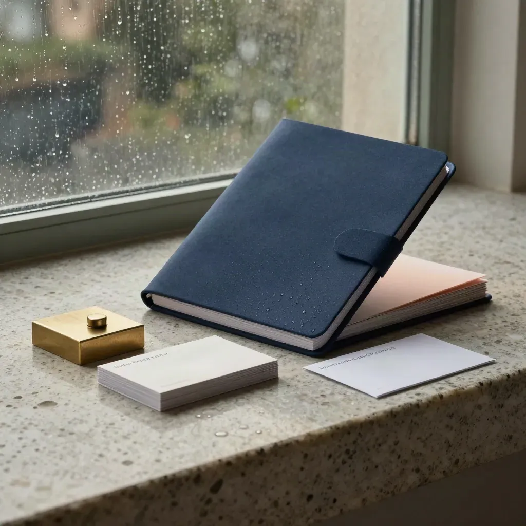 Premium stock research kit on travertine with rain mist, brass paperweight, and navy folio.