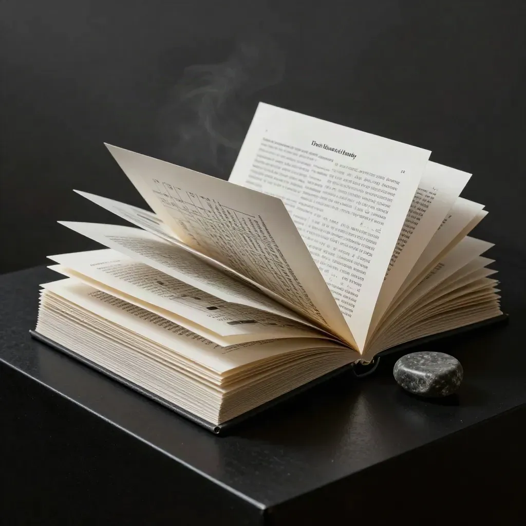 Dim studio still life of a folded valuation sheet set with stone weight on a matte-black plinth.