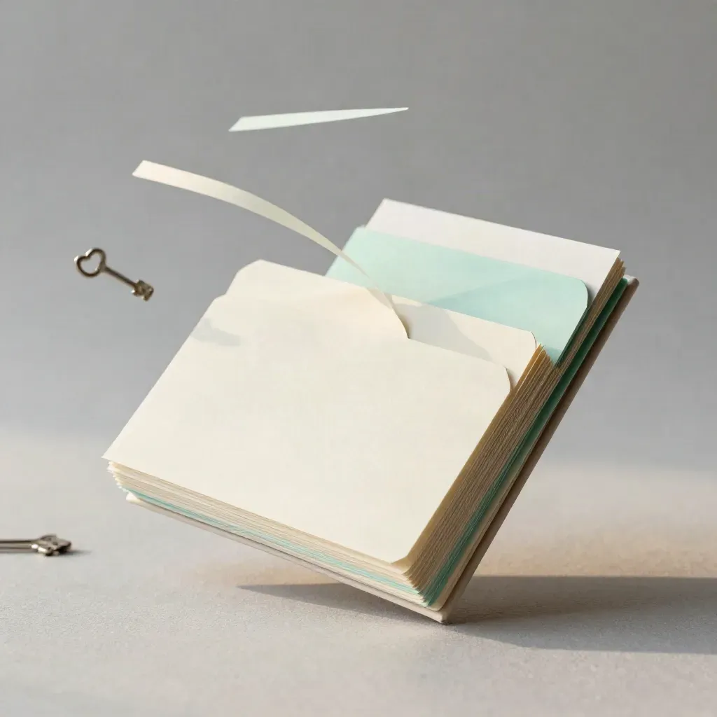Blank watchlist cards and a slim sleeve hover on pale plaster as two slips drift behind.