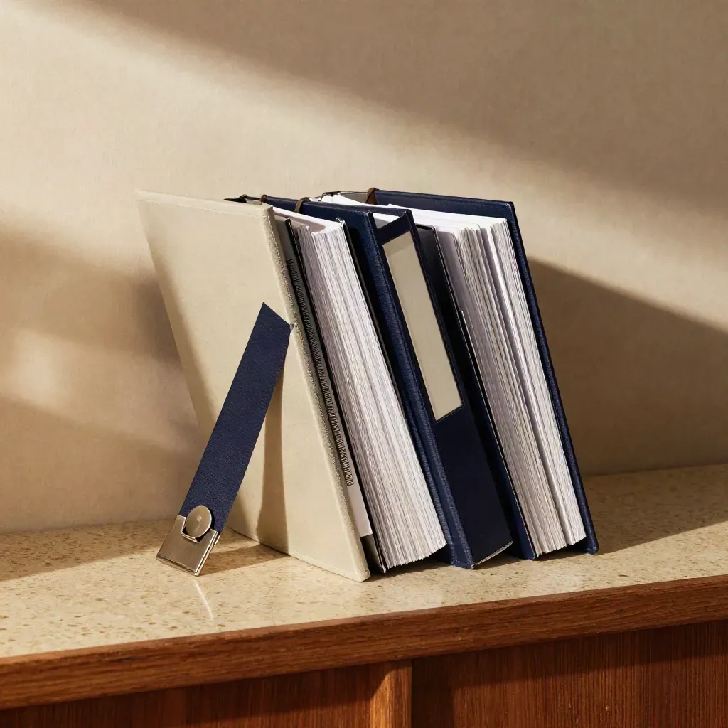 Premium research bundle with binder, folio, divider stack and clip on travertine in soft navy light