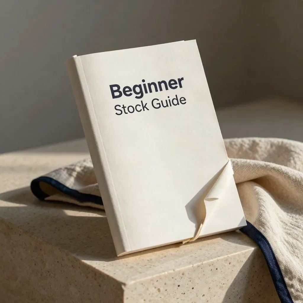 Off-white beginner stock guide booklet with navy cloth accent on travertine.