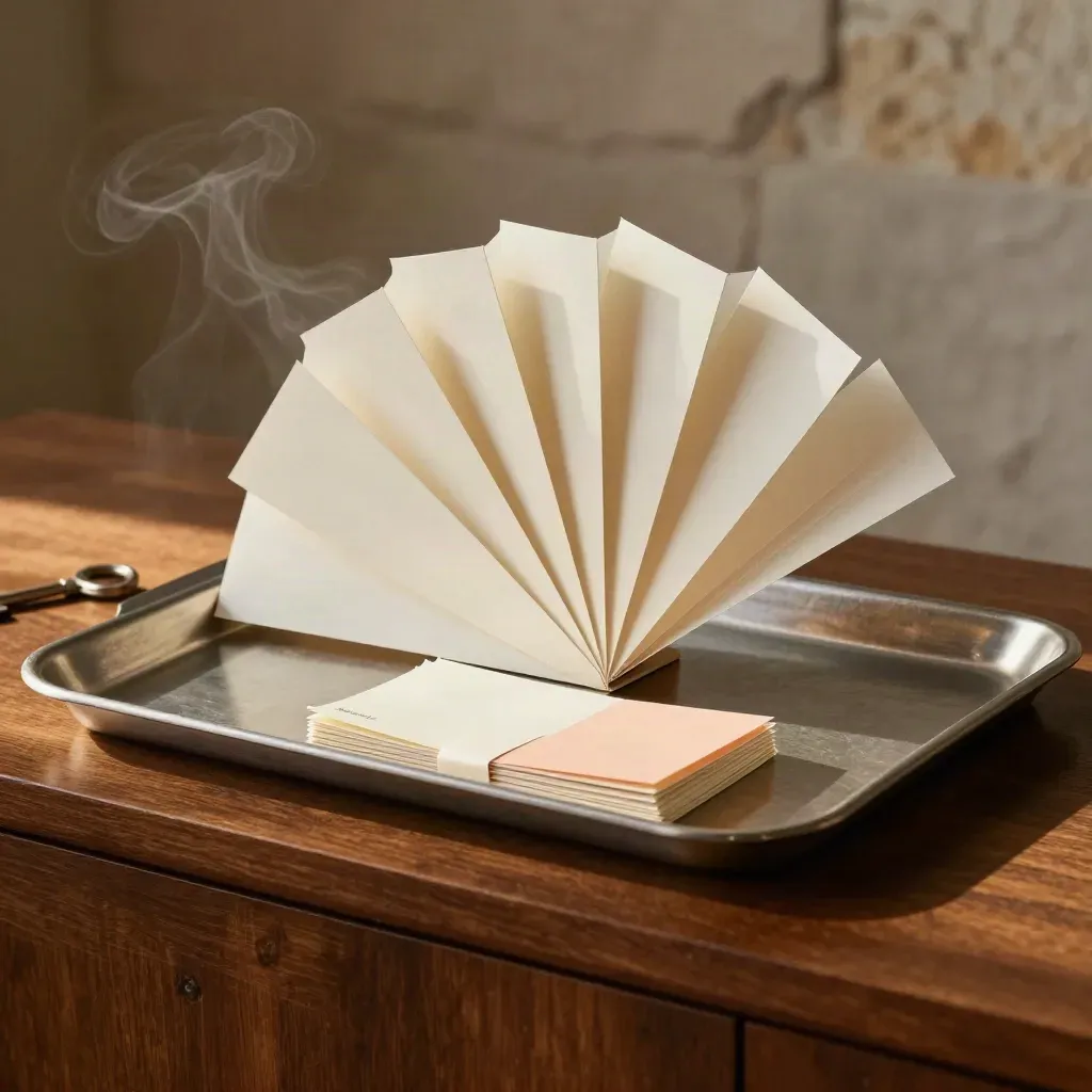 Blank sector tabs, clipped cards, and a paper band on a brushed metal tray with steam.