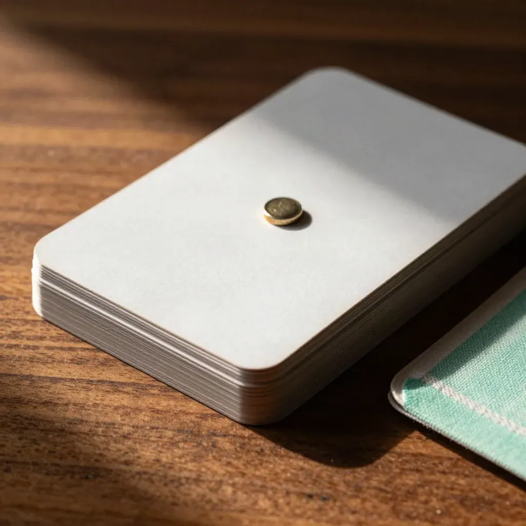 Macro of blank watchlist cards, pewter weight, and linen strip on walnut, lit from upper left.