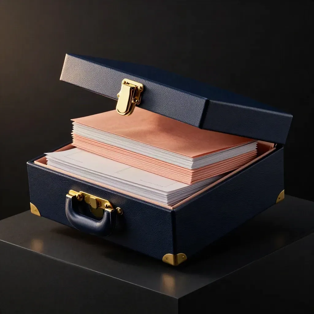 Deep-navy vault box with peach inserts, gold clasp, and research folios on a black pedestal.