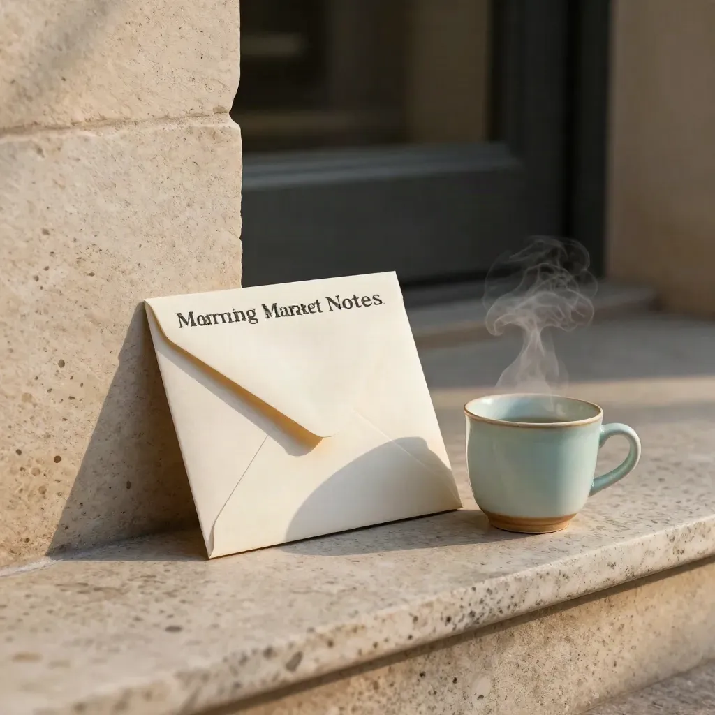 Travertine ledge with a folded market notes packet and steaming cup in dawn light.