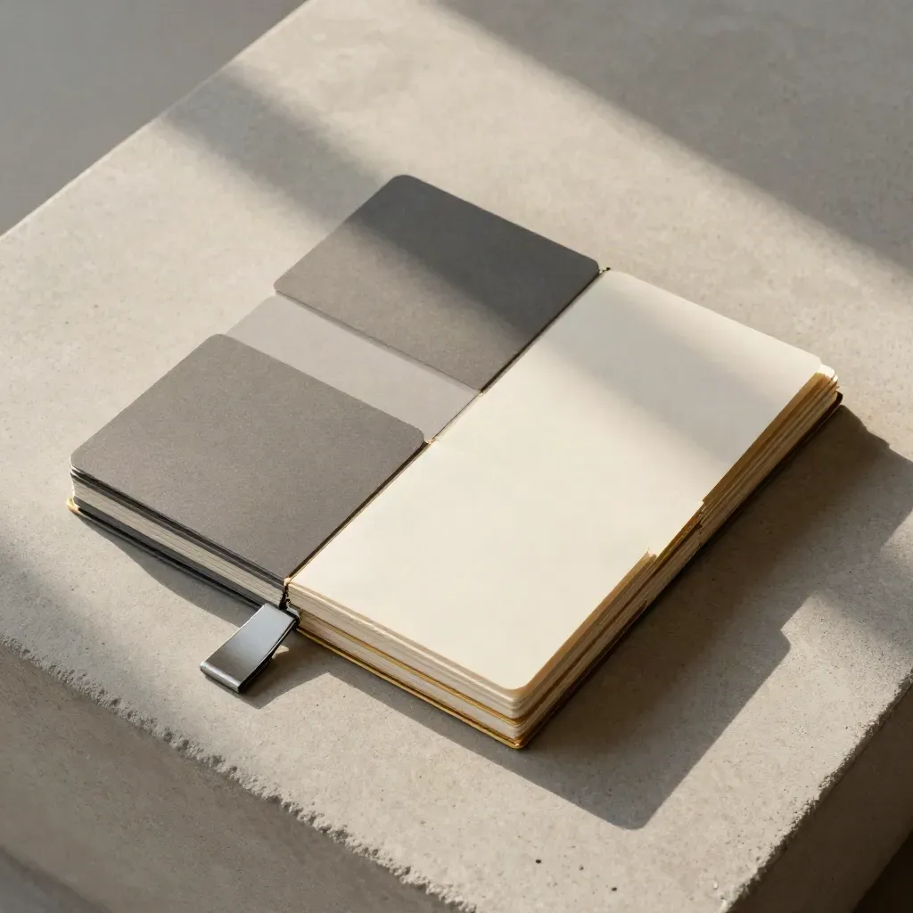 Overhead watchlist builder cards and metal clip fanned on pale concrete with gold accents.