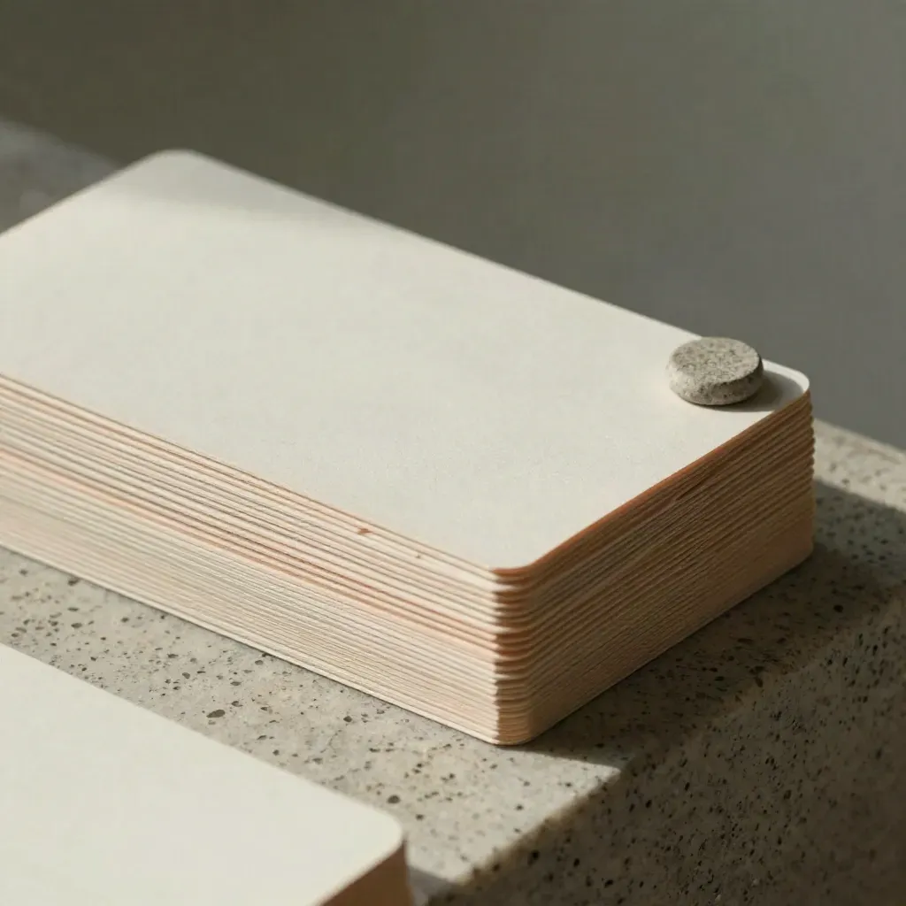 Macro side view of a matte card stack, stone weight, and offset card in raking light.