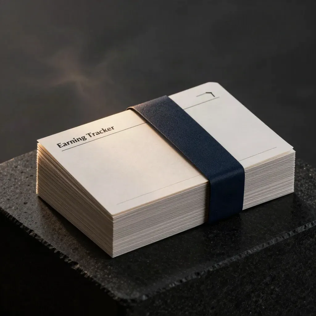 Dark quarterly tracker card bundle with navy band on black stone, lit by cool rim light.