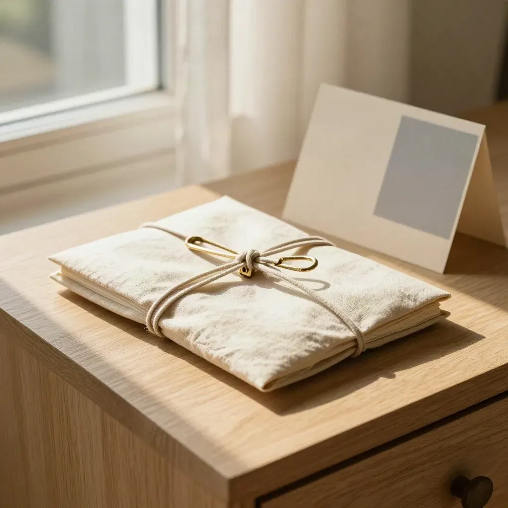 Linen-tied dividend research packet with folded insert, brass clip, and soft window light.