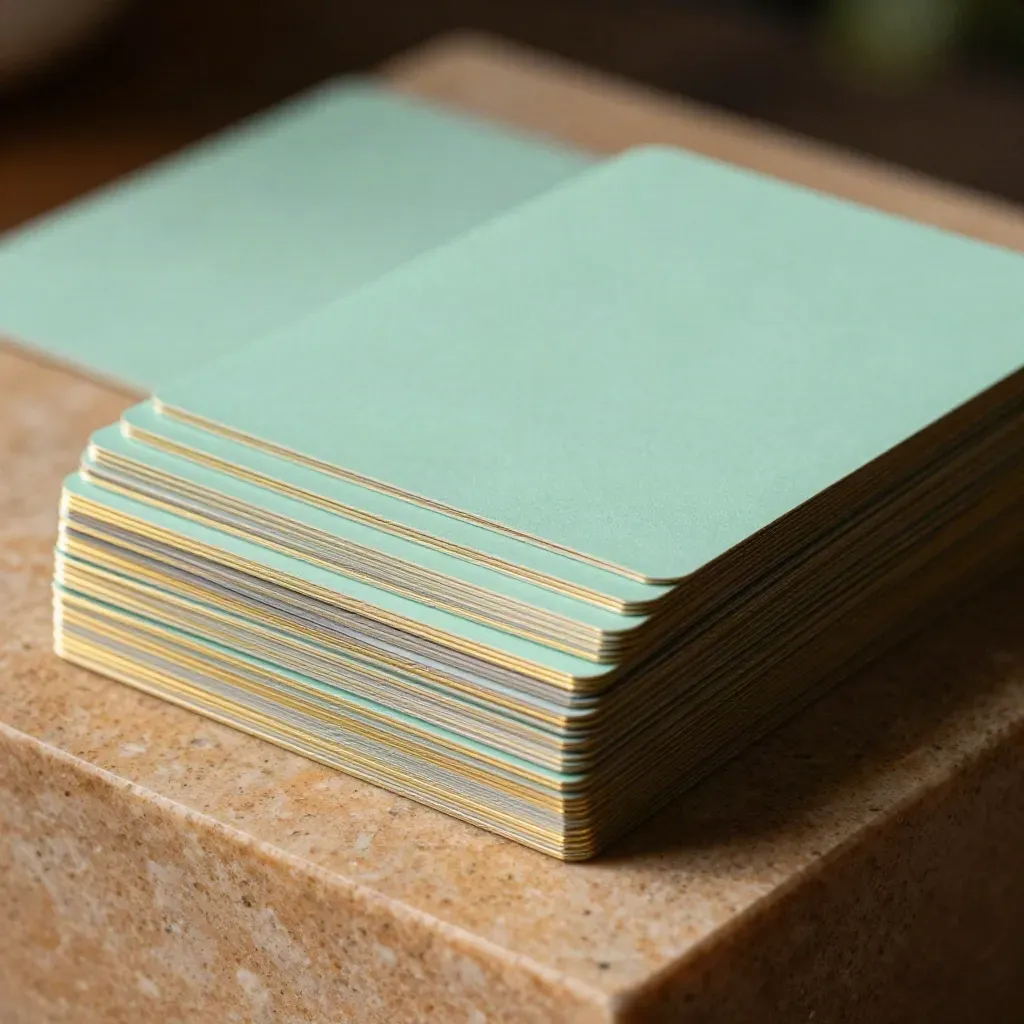Six blank sector cards fanned with gold trim on a stone plinth