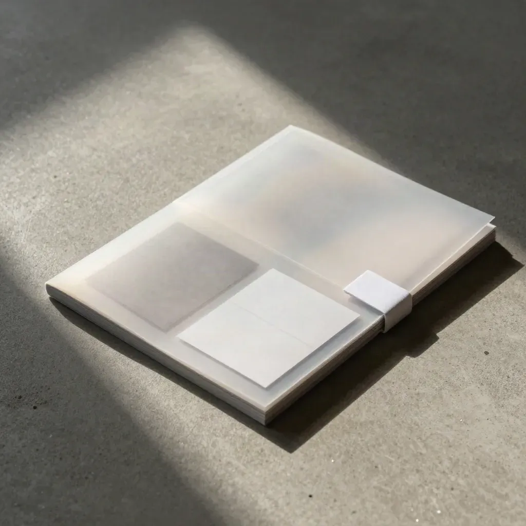 Overhead flatlay of a translucent guide booklet with inserts and a matte band on concrete.