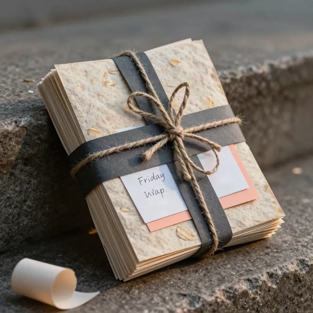 Twine-bound Friday Market Wrap paper bundle leaning on stone in dusk light