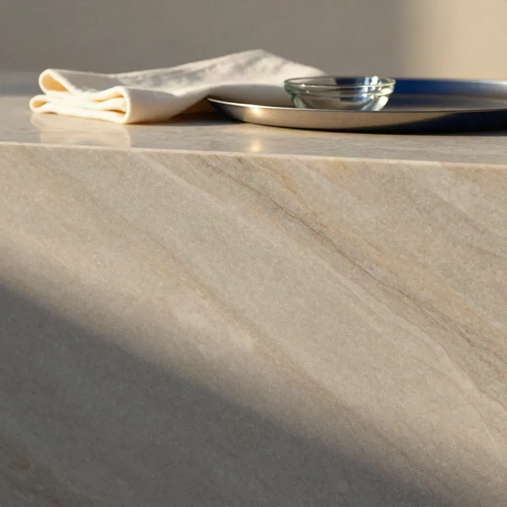 Sunlit marble surface with cream cloth, glass bowl, and brushed tray