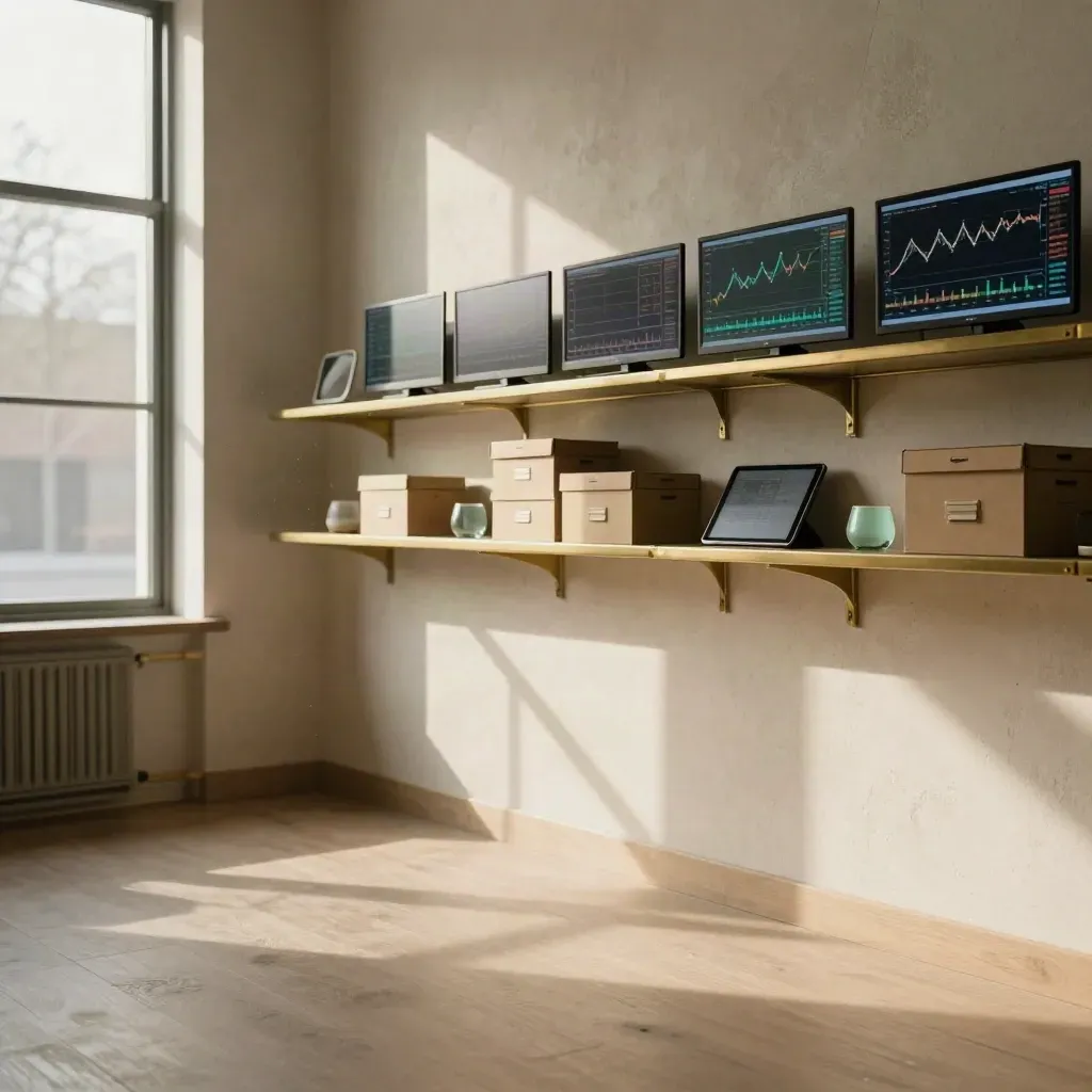 Sunlit finance interior with tall window, brass shelf, soft monitors, and calm copy space.