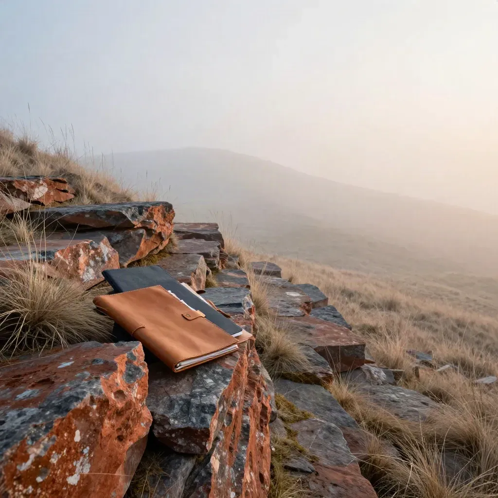 Misty hillside overlook with stone ledges, clipped grasses, and a small market folio above open fog.
