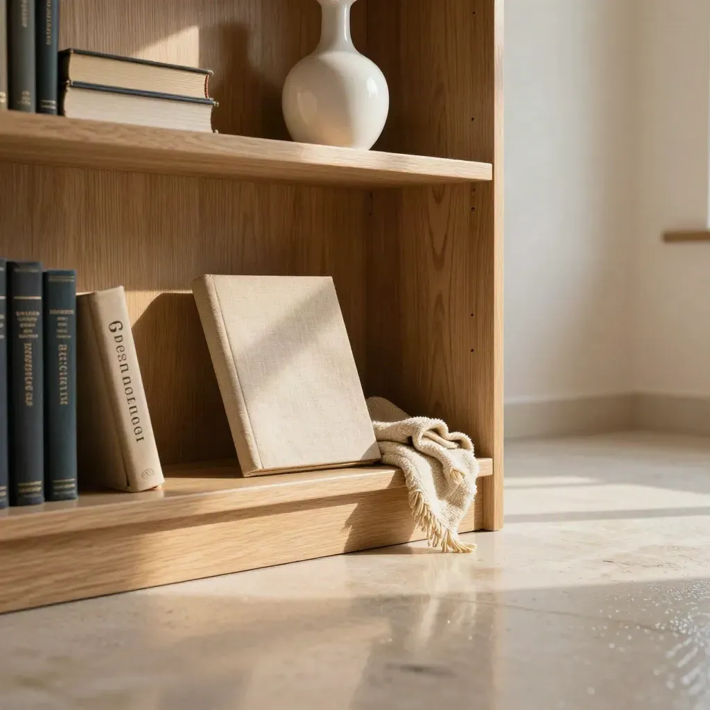 Quiet oak library nook with closed research books, throw, ceramic vessel, and empty floor space