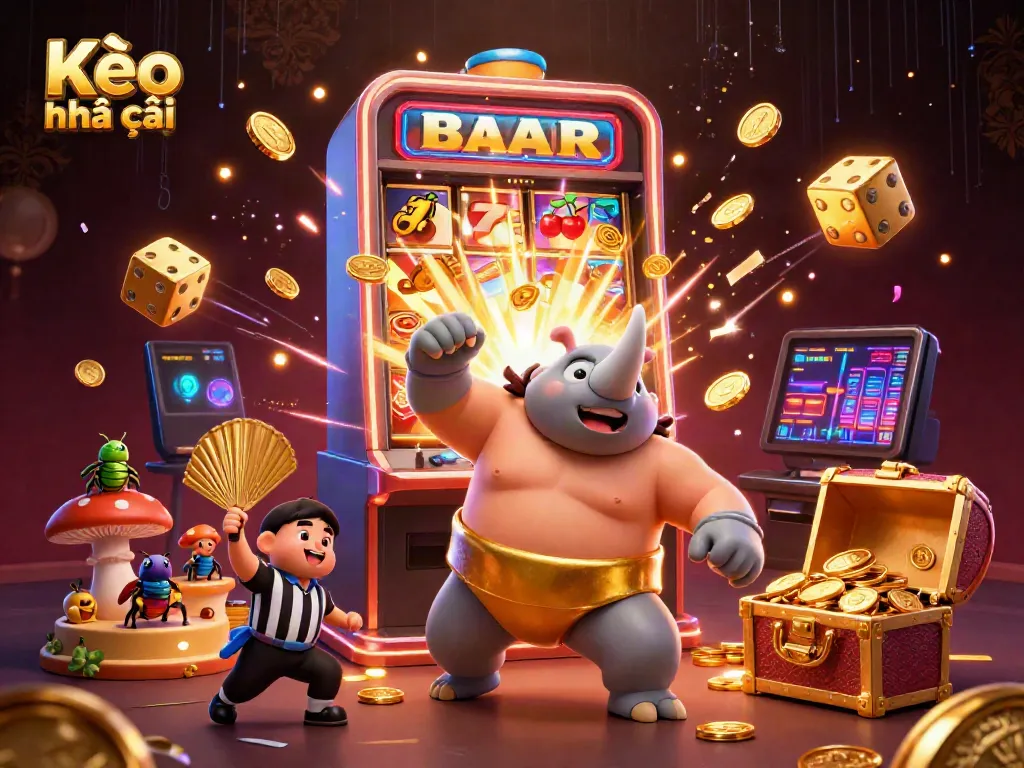 Kèo nhà cái illustration featuring a beetle Sumo champion sending coins flying, perfect for online gambling.