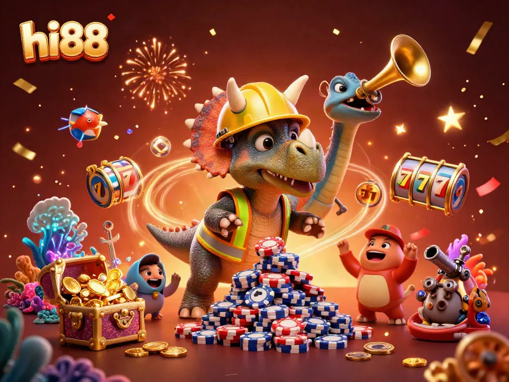 Enjoy thrilling gameplay with hi88's vibrant and energetic casino scene featuring unique characters and colorful game elements.