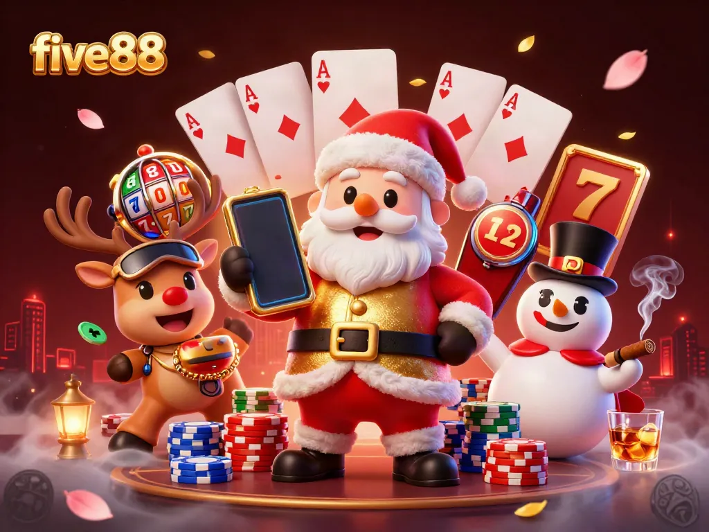 Experience winning with five88 through vibrant 3D casino illustrations featuring jackpot slots and animated characters.