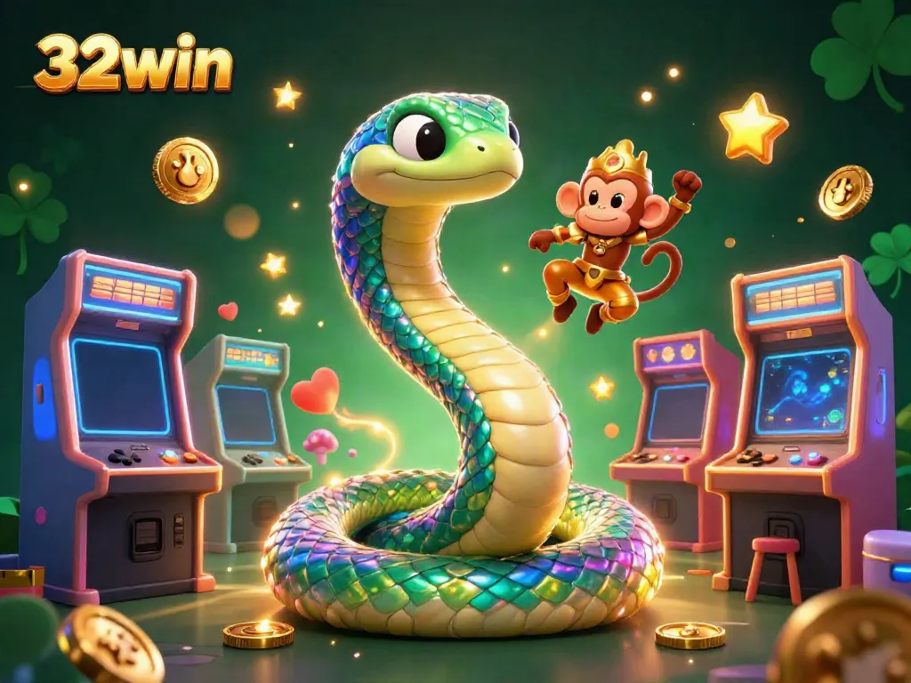 Play exciting games at 32win with a vibrant 3D illustration of a colorful casino scene featuring enchanting characters.