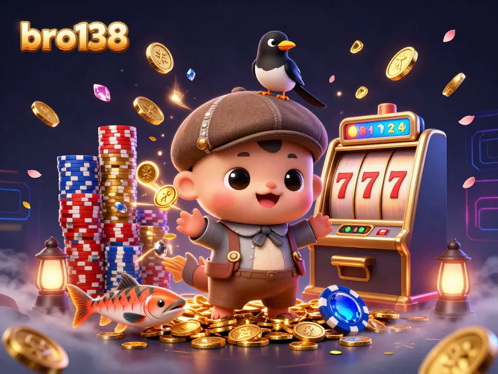 Spin to win with bro138's exciting slot games, featuring golden coins and dynamic characters.