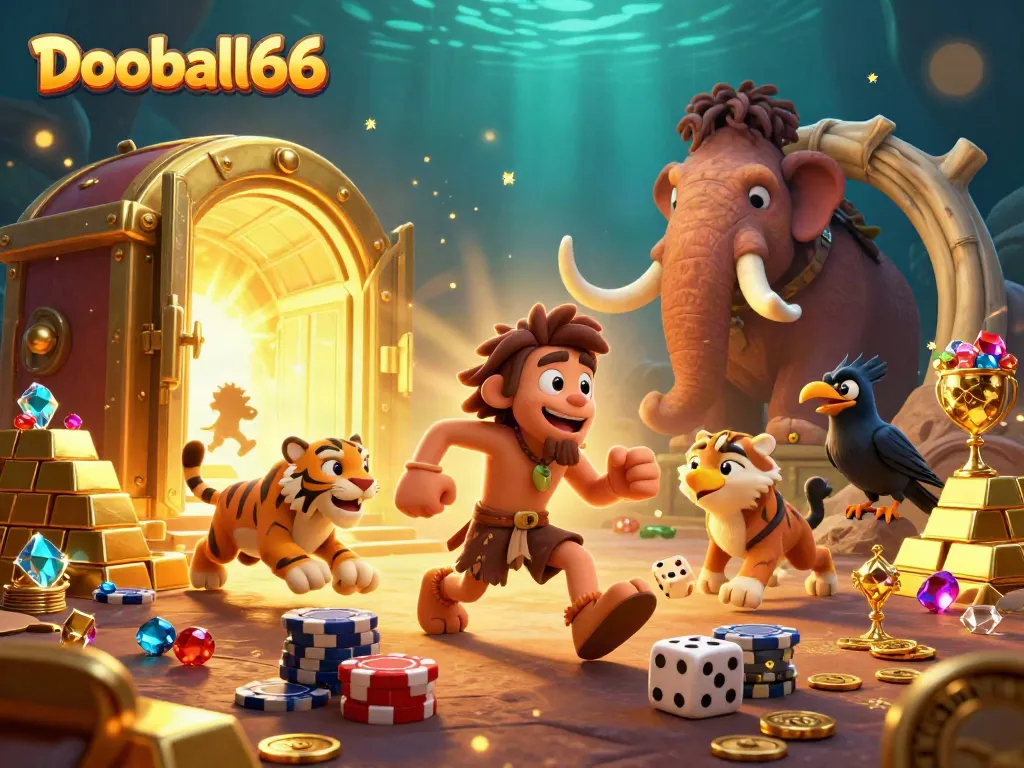 Engage in thrilling action with Dooball66's prehistoric casino scene featuring cavemen and treasures.