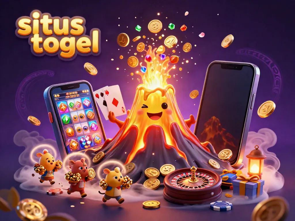 Experience situs togel excitement with a golden volcanic eruption, vibrant gaming elements, and treasure-filled adventure.