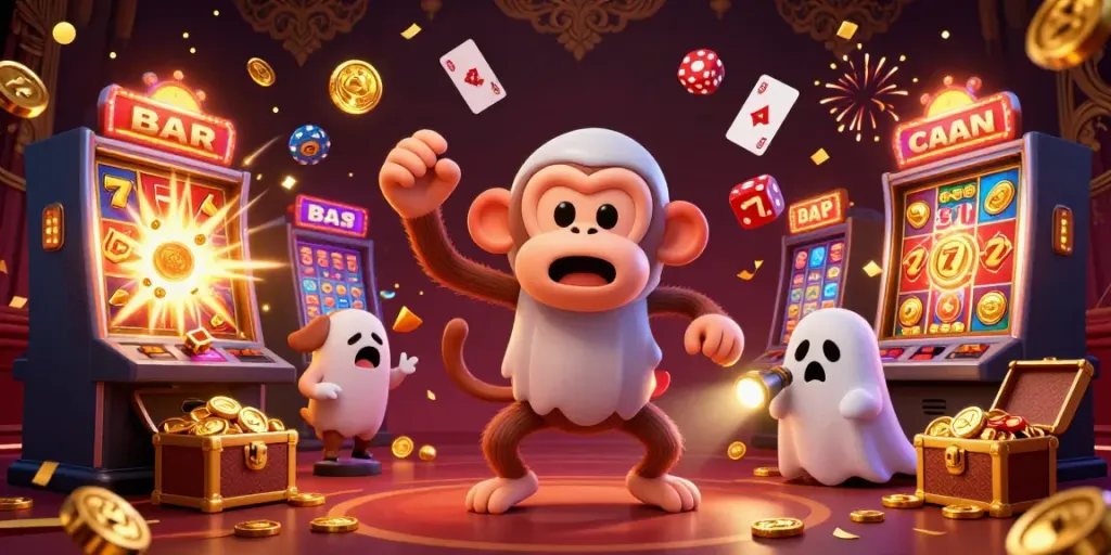 Engaging scene of thapcamvip showcasing a playful spirit monkey juggling casino items in a vibrant slot machine environment.