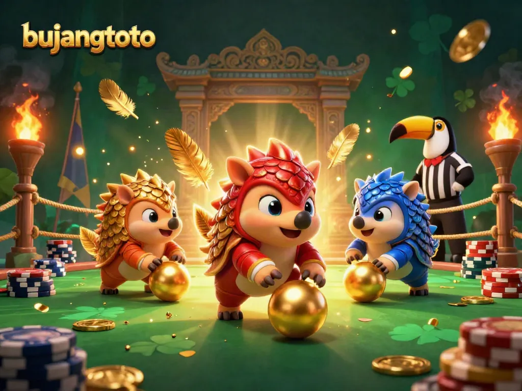 Bujangtoto features dynamic pangolins bowling golden balls through poker chips in an extravagant casino scene.