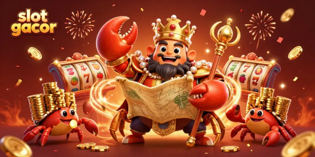 Gambarlah slot gacor dengan karakter kepiting emas besar dan elemen slot menarik.