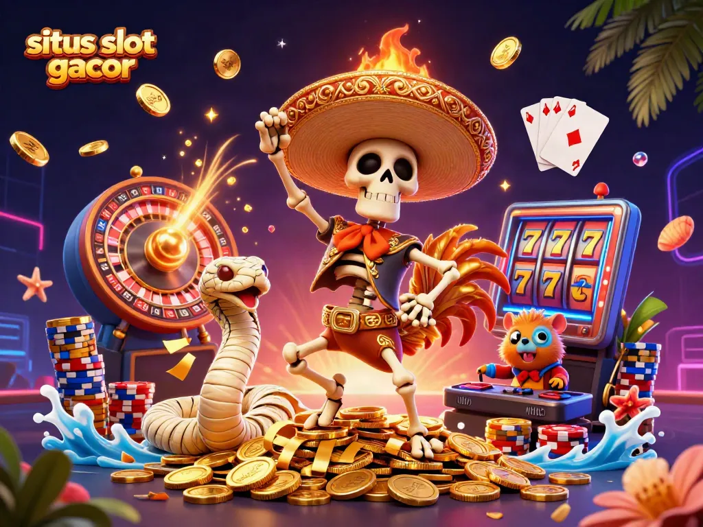 Situs slot gacor scene featuring a cartoony mariachi rooster and a mummy snake celebrating amidst golden coins and dynamic slot reels.
