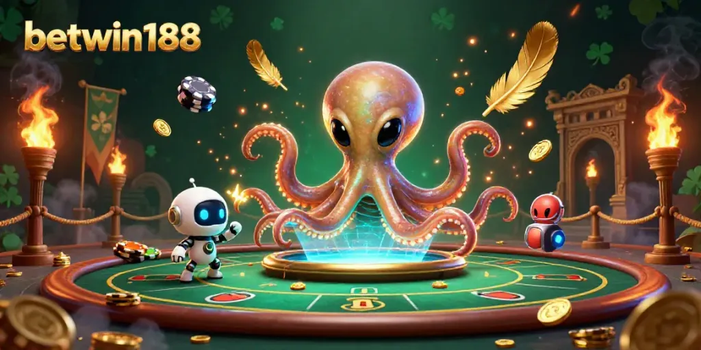 Permainan poker holografis oleh betwin188 dengan karakter octopus alien dan robot di latar belakang menarik.
