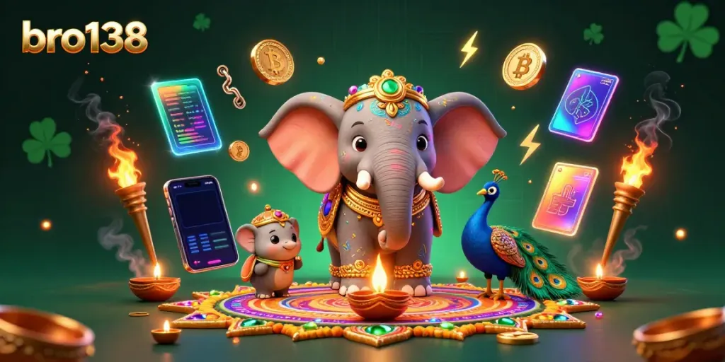 Experience the excitement of bro138 with a vibrant 3D casino-themed illustration featuring a colorful elephant and gaming elements.