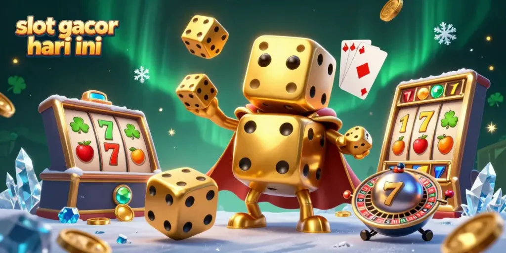Engage with exciting slot gacor hari ini gameplay through this dynamic 3D illustration featuring a golden dice golem amidst spinning slot reels.